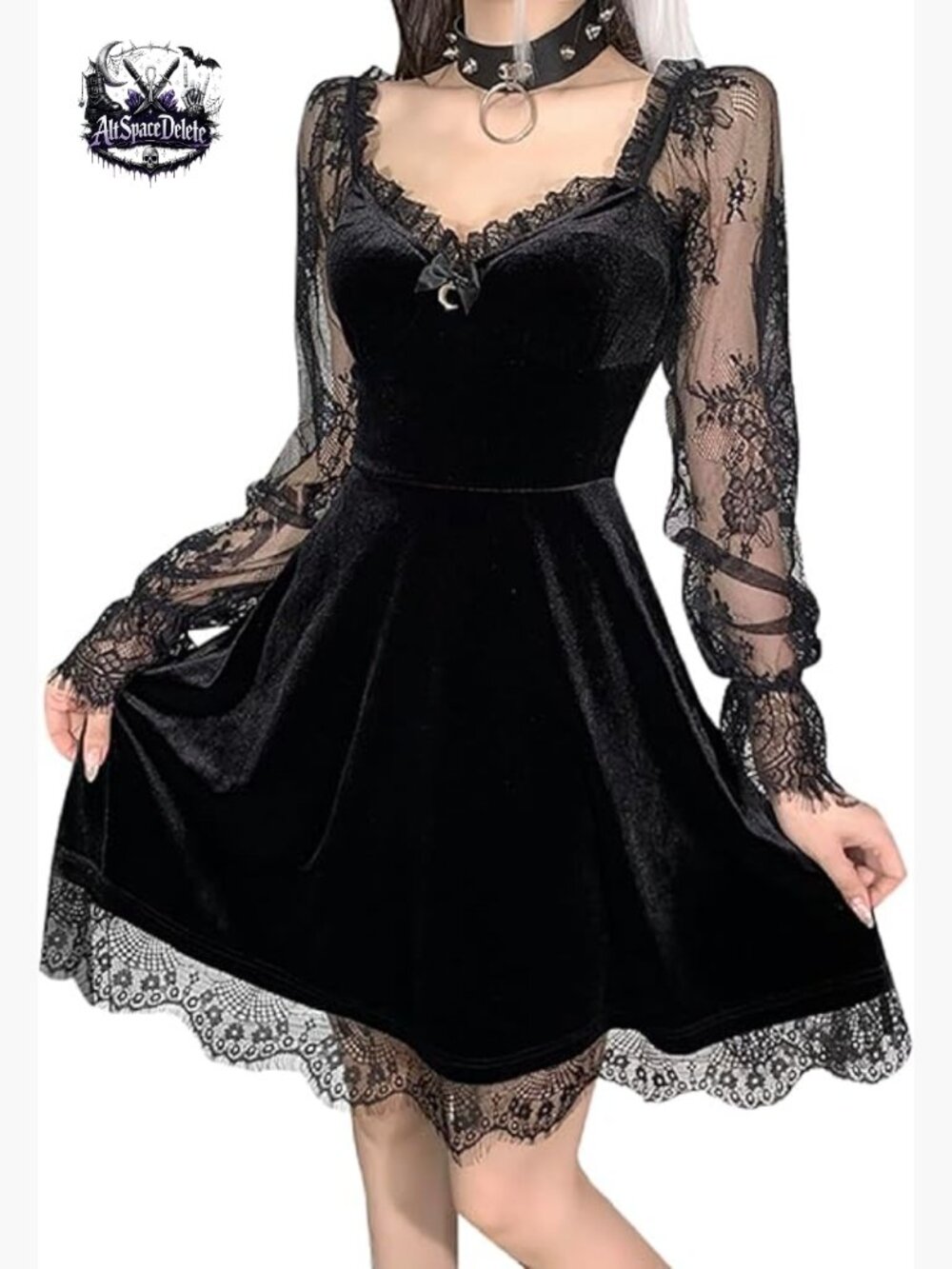 Velvet Mini Dress with Long Sleeves Lace Trim Vintage Gothic Style